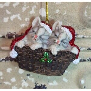NWT Kurt Adler Gray Kittens w/ Santa Hats in a Basket Christmas Tree Ornament